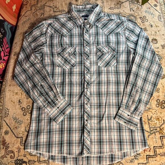 Vintage Wrangler Pearl Snap Button Up Men's Western Outdoor Farmer Shirt 2XL - Picture 1 of 12